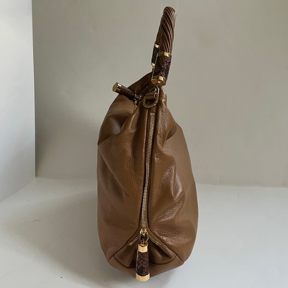 Lightly Used Michael Kors Brown Leather Handbag With Python Zipper Pull Accents - Picture 2 of 11